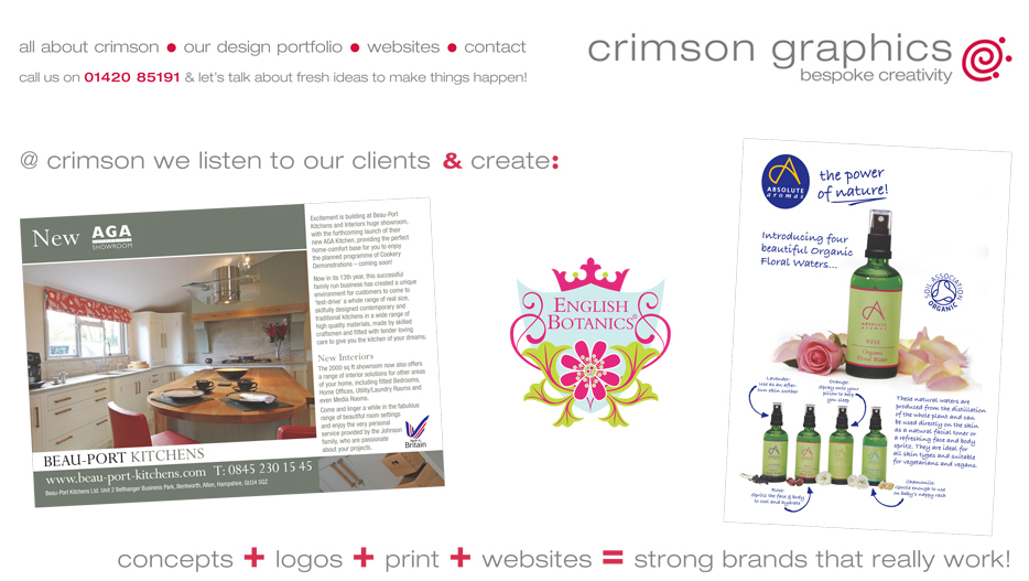 At Crimson we listen to our clients and create concepts + logos + print + websites = strong brands that really work! Crimson Graphics bespoke creativity